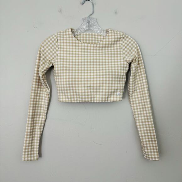 Astoria Luxe Brown And White Checkered Long Sleeve Cropped Top Women’s Size M - Picture 1 of 6